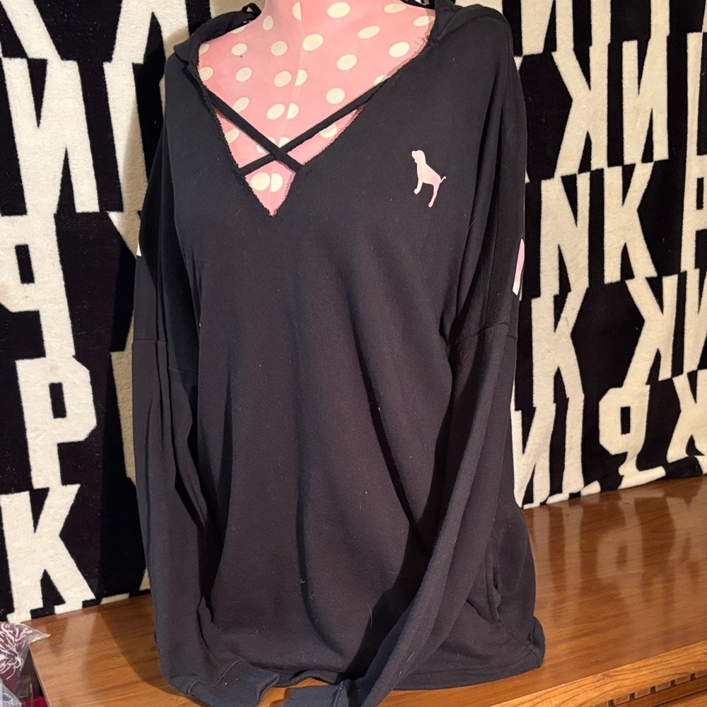 PINK Victoria's Secret Black Hooded V-Neck Pullover with Pink Dog Logo